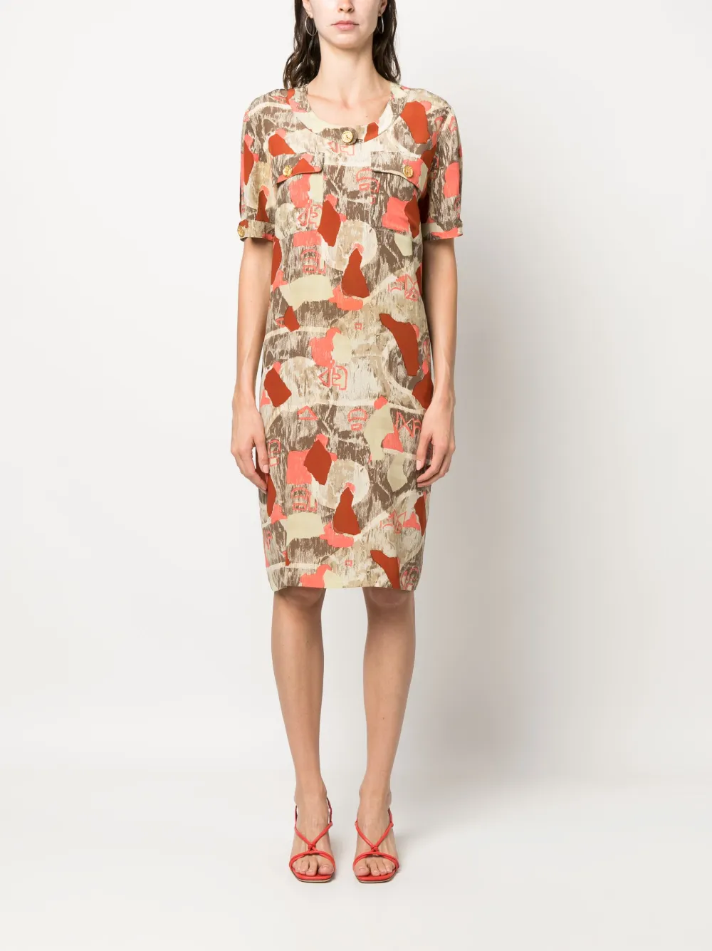 Femme Pierre Cardin Robe à Manches Courtes Imprimée (années 1980) 4 Femme Pierre Cardin Robe à Manches Courtes Imprimée (années 1980) – Image 2